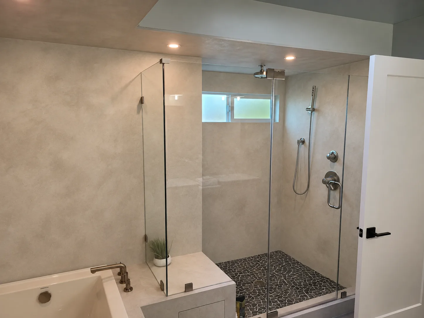 Bathroom design concept with warm limewash-style walls